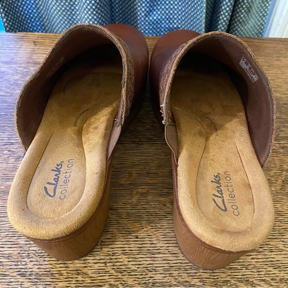 Clarks Wooden Brown Leather Clogs- Clarks Heeled Clog - Paizlee Poppy Size 10 - Picture 8 of 13